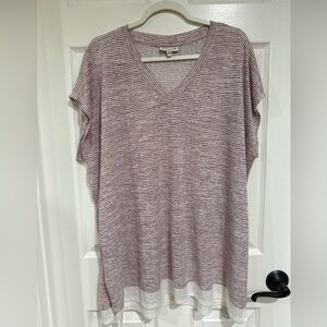 Studio B by Bobeau Women's 2X Short Sleeve V-Neck Tunic Top Red/White Stripe